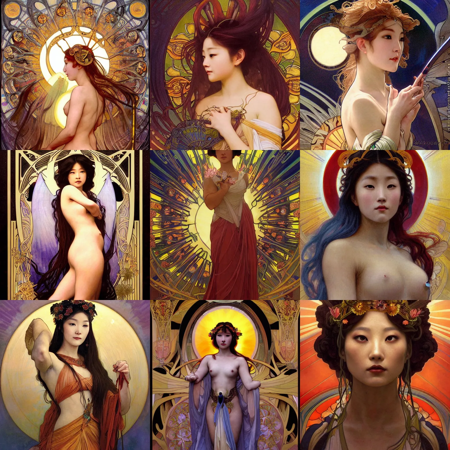 Prompt: stunning, breathtaking, awe-inspiring award-winning concept art nouveau painting of attractive Brianne Tju as the goddess of the sun, with anxious, piercing eyes, by Alphonse Mucha, Michael Whelan, William Adolphe Bouguereau, John Williams Waterhouse, and Donato Giancola, cyberpunk, extremely moody lighting, glowing light and shadow, atmospheric, cinematic, 8K
