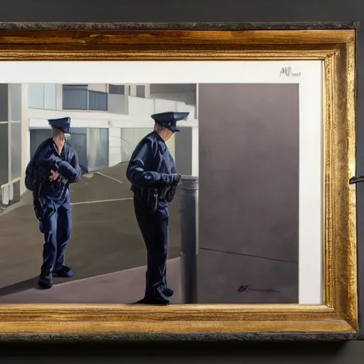 Image similar to hyperrealism painting of a police search of a suspicious person