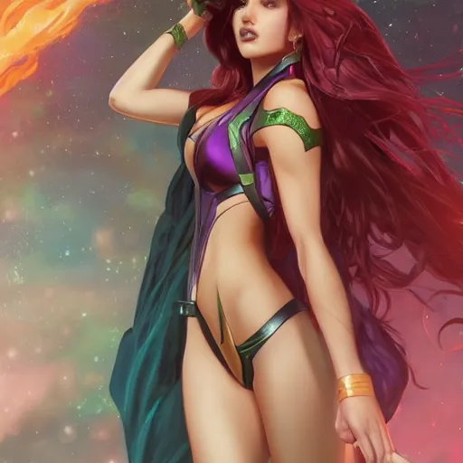 Image similar to ultra realistic illustration, bella thorne as starfire anime, intricate, elegant, highly detailed, digital painting, artstation, concept art, smooth, sharp focus, illustration, art by artgerm and greg rutkowski and alphonse mucha