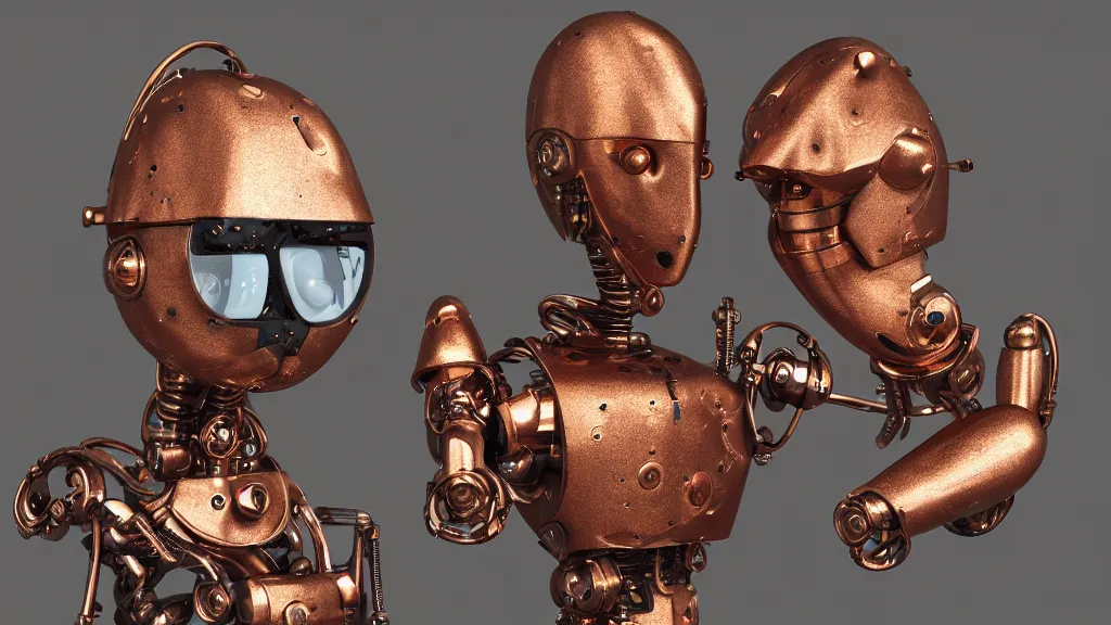 Prompt: portrait of a robot from the 17th century, made of copper, brass, iron, wood, glass lenses, VFX render