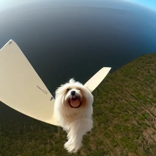 Image similar to a cream-colored havanese hang gliding, gopro photo, 4k