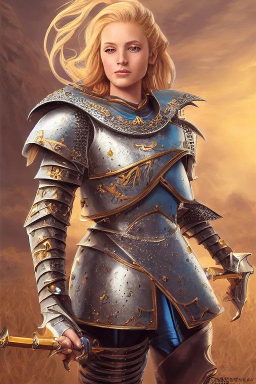 Prompt: highly detailed full body portrait painting of a proud young female knight in the style of Warhammer Fantasy by Artgerm and Arian Mark, medium length blonde hair, blue eyes, golden earrings, no helmet, low angle shot, highly detailed, trending on artstation, cgsociety, 4k, 8k, HDR, octane render, unreal engine