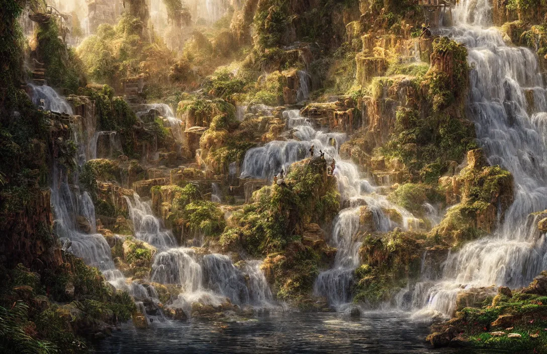 Image similar to a highly detailed textured waterfall, detailed dreamscape, hyperreal phantastic, intricate details in environment, golden ratio, high aestehtic, cinematic light dramatic light, lightrays, distance, photobash, wideangle, hyperreal 4 k