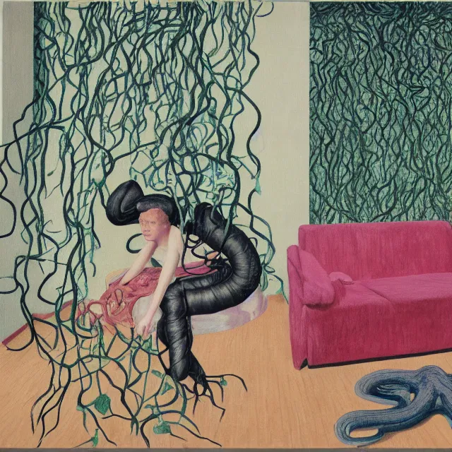 Image similar to a female pathology student in her apartment, wrapped in vines, medical equipment, stepping stones, octopus, pig, black walls, ikebana, black armchair, sculpture, acrylic on canvas, surrealist, by magritte and monet