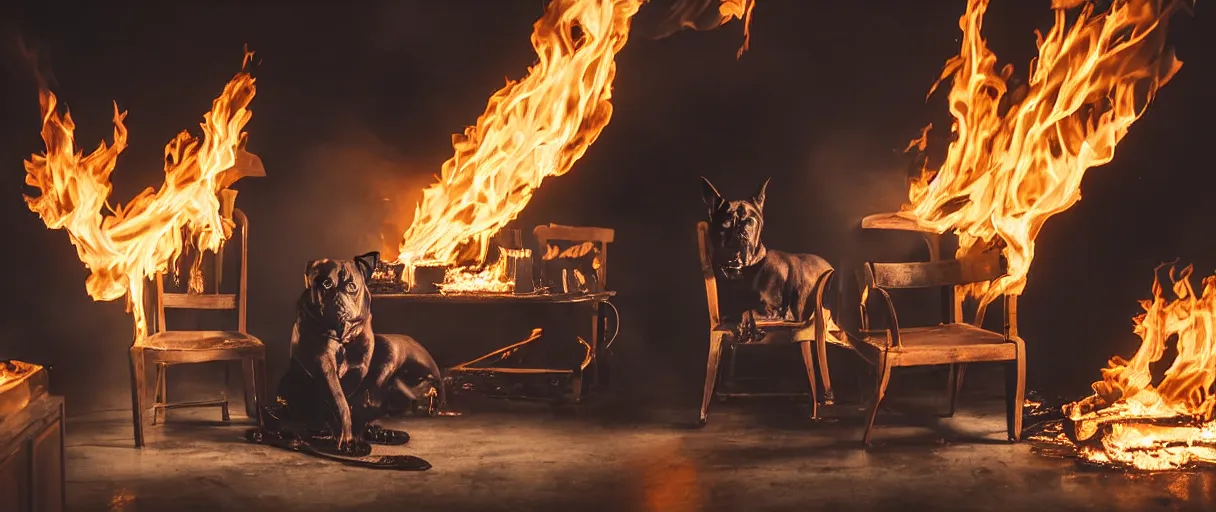 Image similar to a studio photograph (big flash on) of a huge fire on a dining room on fire in the background, in the foreground a relaxed anthropomorphic dog sitting on a wooden chair at a table (no fire at all there), sipping a cup of hot coffee, surrounded by flames, a lot of flames behind the dog, black smoke instead of the ceiling, no watermark