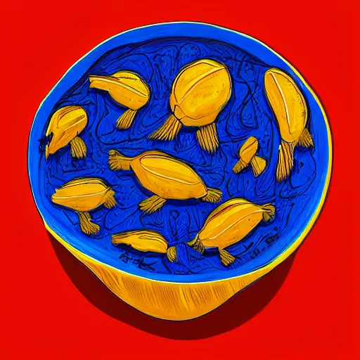 Image similar to boiling imagination in a bowl, ultra detailed, digital painting, dark blue, yellow, orange, red