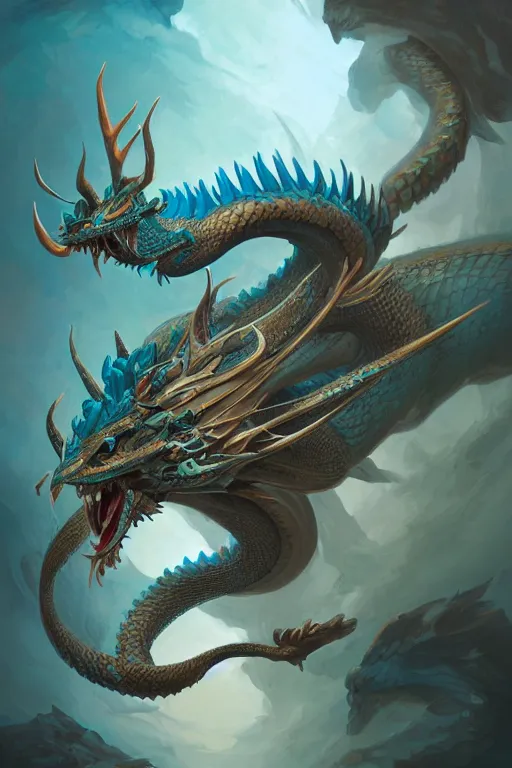 Image similar to cyan dragon has chinese dragon head, antlers, snake body, eagle claws hybrid fantasy, intricate, elegant, highly detailed, digital painting, artstation, concept art, matte, sharp focus, illustration by peter mohrbacher justin gerard zhang yu