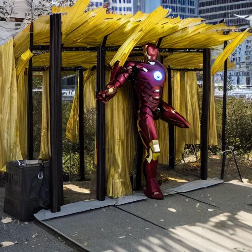 Prompt: iron man constructing a sukkah, booth, shelter