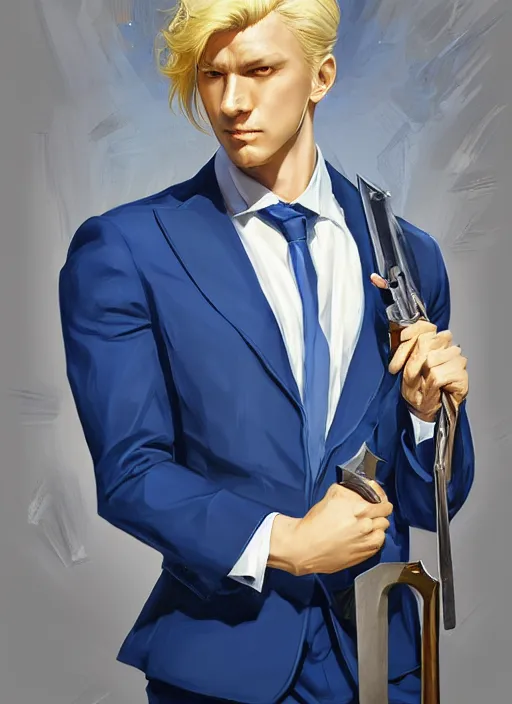 Image similar to artgerm portrait painting of a blond man in a blue suit with a sword and a pistol, asymmetrical, profile picture, organic painting, sunny day, matte painting, bold shapes, hard edges, street art, trending on artstation, by huang guangjian, gil elvgren, ruan jia, randy vargas, greg rutkowski