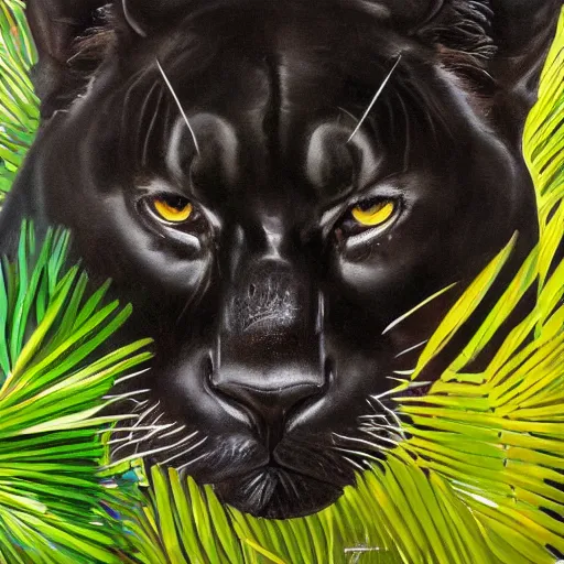 Image similar to oil on canvas of one beautiful majestic black panther. beautiful. mysterious. intricately detailed. meticulously rendered. background is a jungle. 8 k hd. trending on art station. h 7 6 8