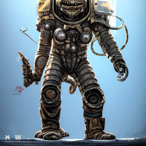 Image similar to mad max squid monster astronaut made out of ork technology from warhammer 40k, au naturel, hyper detailed, digital art, trending in artstation, cinematic lighting, studio quality, smooth render, unreal engine 5 rendered, octane rendered, art style by klimt and nixeu and ian sprigger and wlop and krenz cushart, full body portrait, well lit, intricate abstract. cyberpunk, intricate artwork, by Tooth Wu, wlop, beeple. octane render, trending on artstation, greg rutkowski very coherent symmetrical artwork. cinematic, hyper realism, high detail, octane render, 8k, minimalistic, hyperrealistic surrealism, award winning masterpiece with incredible details, a surreal vaporwave liminal space, highly detailed, trending on ArtStation