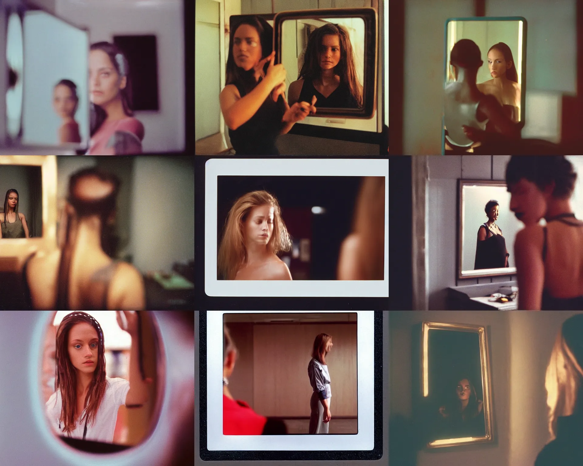 Prompt: Worksafe.1990s,unbelievably beautiful,perfect,dynamic,epic,cinematic 8K HD movie shot of a young woman in front of mirror, she is reflected. With Instagram filters,Photoshop,Adobe Lightroom,Adobe After Effects,taken with polaroid kodak portra