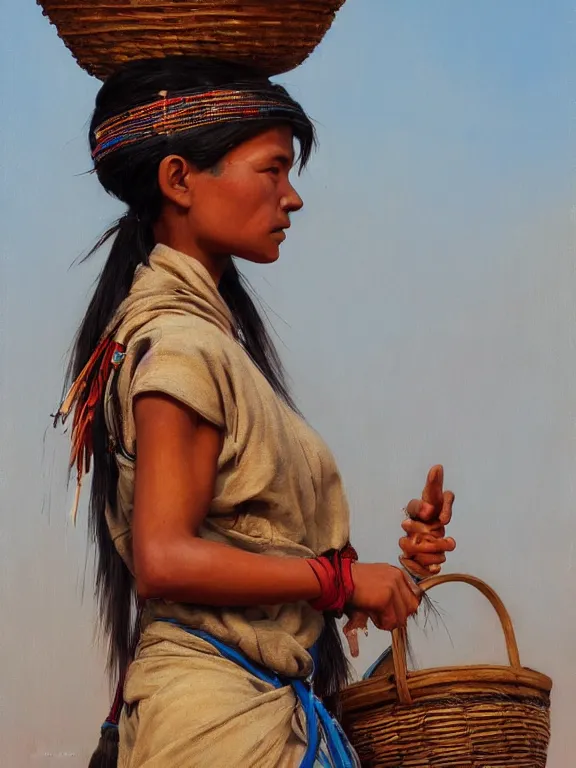 Prompt: an ultradetailed beautiful portrait painting of an female tribe native carrying a basket on her head on the road, side view, oil painting, high resolution, by ilya kuvshinov, greg rutkowski and makoto shinkai