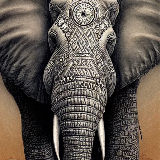 Prompt: detailed and sharp elephant artwork, mystic style, detailed, 8 k, detailed, symmetrical, by brian froud