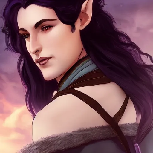 Prompt: yennefer from the netflix witcher as a medieval fantasy tolkien elf, dark purplish hair tucked behind ears, wearing a fur lined collar, wide face, muscular build, scar across the nose, cinematic, character art, 8 k detailed.