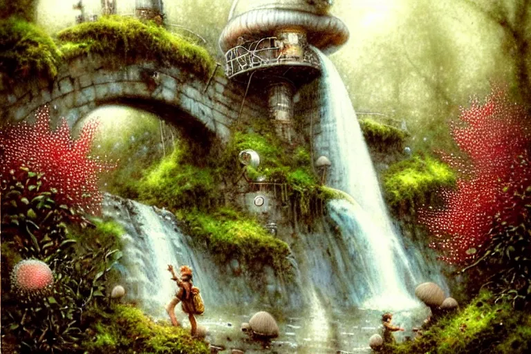 Image similar to adventurer ( ( ( ( ( 1 9 5 0 s retro future steam turbine and mill in forrest of giant mushrooms, moss and flowers stone bridge waterfall. muted colors. ) ) ) ) ) by jean baptiste monge!!!!!!!!!!!!!!!!!!!!!!!!! chrome red
