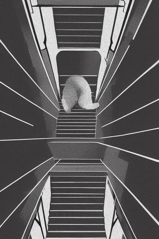 Prompt: looking down a flight of stairs at a cat, first person perspective, digital illustration, artstation, artstation hq, hd