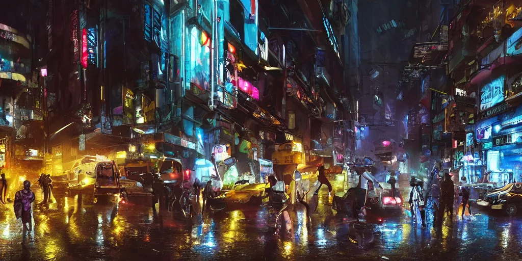 Image similar to a cinematic hyper - realistic reimagination of an african cyberpunk street during a rainy night by adam baines