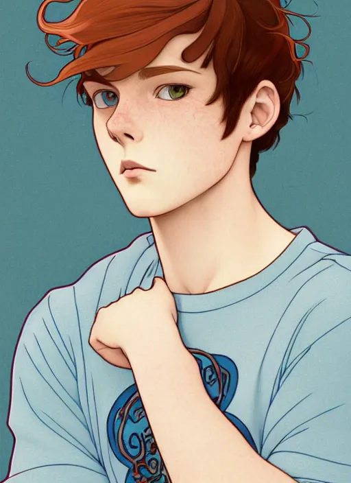 Image similar to art nouveau portrait of a teen boy with completely straight auburn hair, light blue eyes, pale skin, freckles, sad expression, t - shirt, modern casual clothing, natural lighting, path traced, highly detailed, high quality, cartoon, digital painting, by don bluth and ross tran and studio ghibli and alphonse mucha