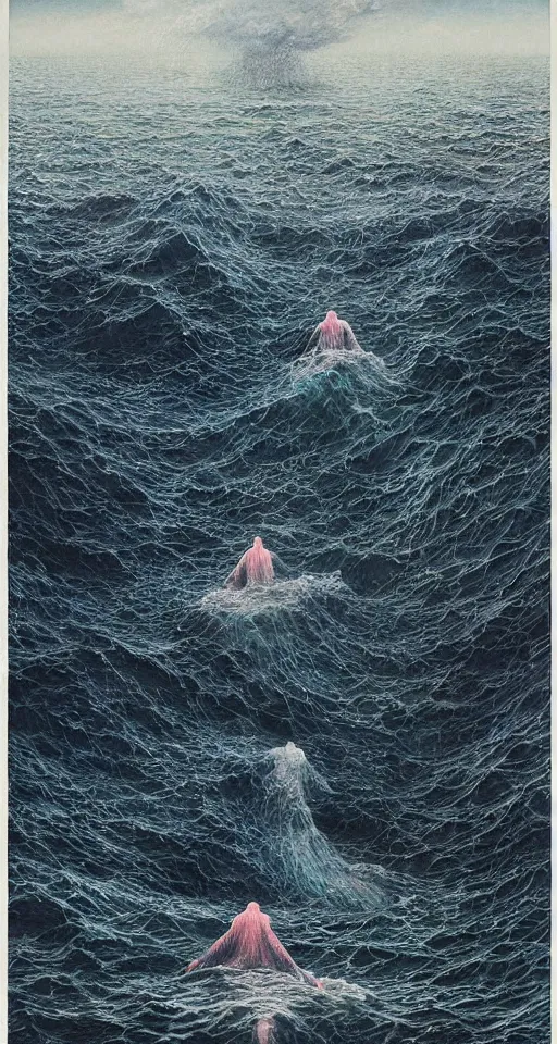 Image similar to worshippers in robes belonging to the cult of the ocean surfing in waves, on a shore, high detatiled beksinski painting, part by adrian ghenie and gerhard richter. art by takato yamamoto. masterpiece, deep colours, blue