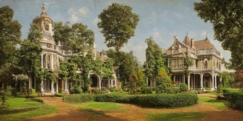 Image similar to a highly detailed photograph of a house from the 1880s surrounded by beautiful gardens, view from ground level, elegant, ornate, daytime, beautifully lit scene