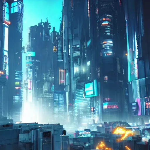 Prompt: cyberpunk city in the future getting bombed award winning, trending on artstation, unreal engine