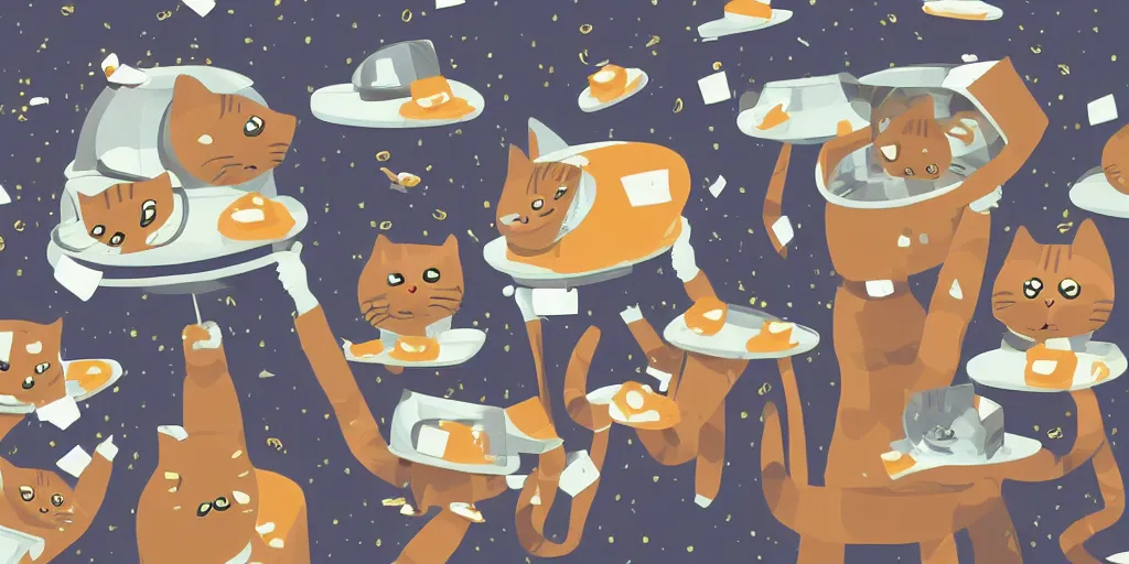 Image similar to illustration of cats in spacehelmets in an office building tossing donuts in the air and slapping coffee cups off of conputer tables, in the style of roger deakins