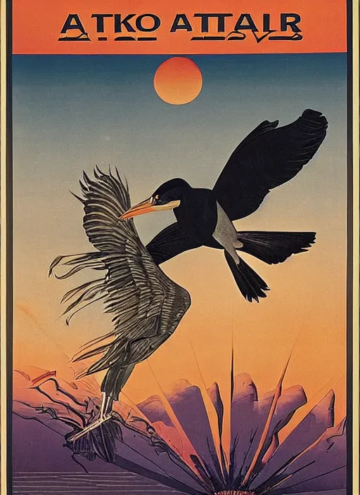 Image similar to a vintage art deco vacation poster for lake merritt in oakland depicting charles manson as a black crowned night heron with a smoky dark orange sky, by ernst haeckel, by alphonse mucha