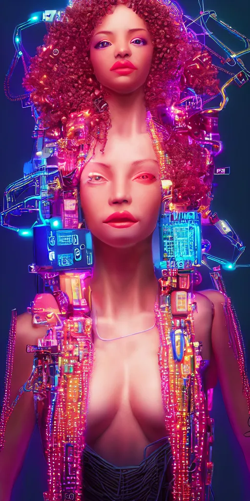 Image similar to symmetry!! a cyberpunk mulatto beauty queen, by wlop, by justin bua, motherboard, circuitry, wires, neon lights, beads, curly afro, micro detail, sci - fi, photorealism, 8 k, cgsociety