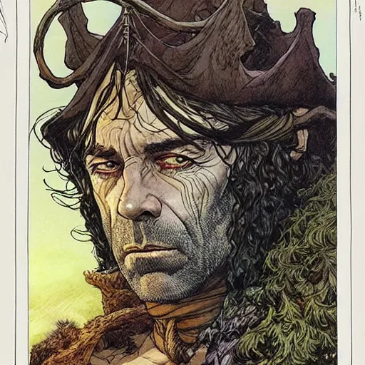 Prompt: a realistic and atmospheric portrait of humprey bogart as a druidic warrior wizard looking at the camera with an intelligent gaze by rebecca guay, michael kaluta, charles vess and jean moebius giraud