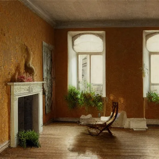 Prompt: interior art nouveau french appartment, white wood wall in background, flowers all over wall, albert bierstadt, photorealism, 8 k, detailed, clean