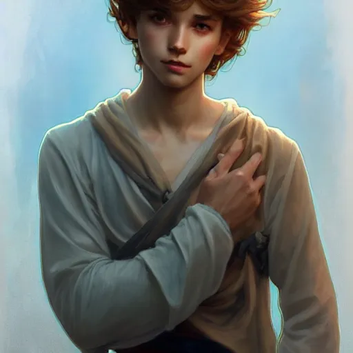 Image similar to young boy, light hair, gorgeous, son of peter pan, amazing, feminine, elegant, intricate, highly detailed, digital painting, artstation, concept art, sharp focus, illustration, art by artgerm and greg rutkowski and alphonse mucha