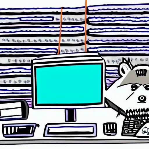 Image similar to a confused raccoon attempting to program a computer. digital art illustration.