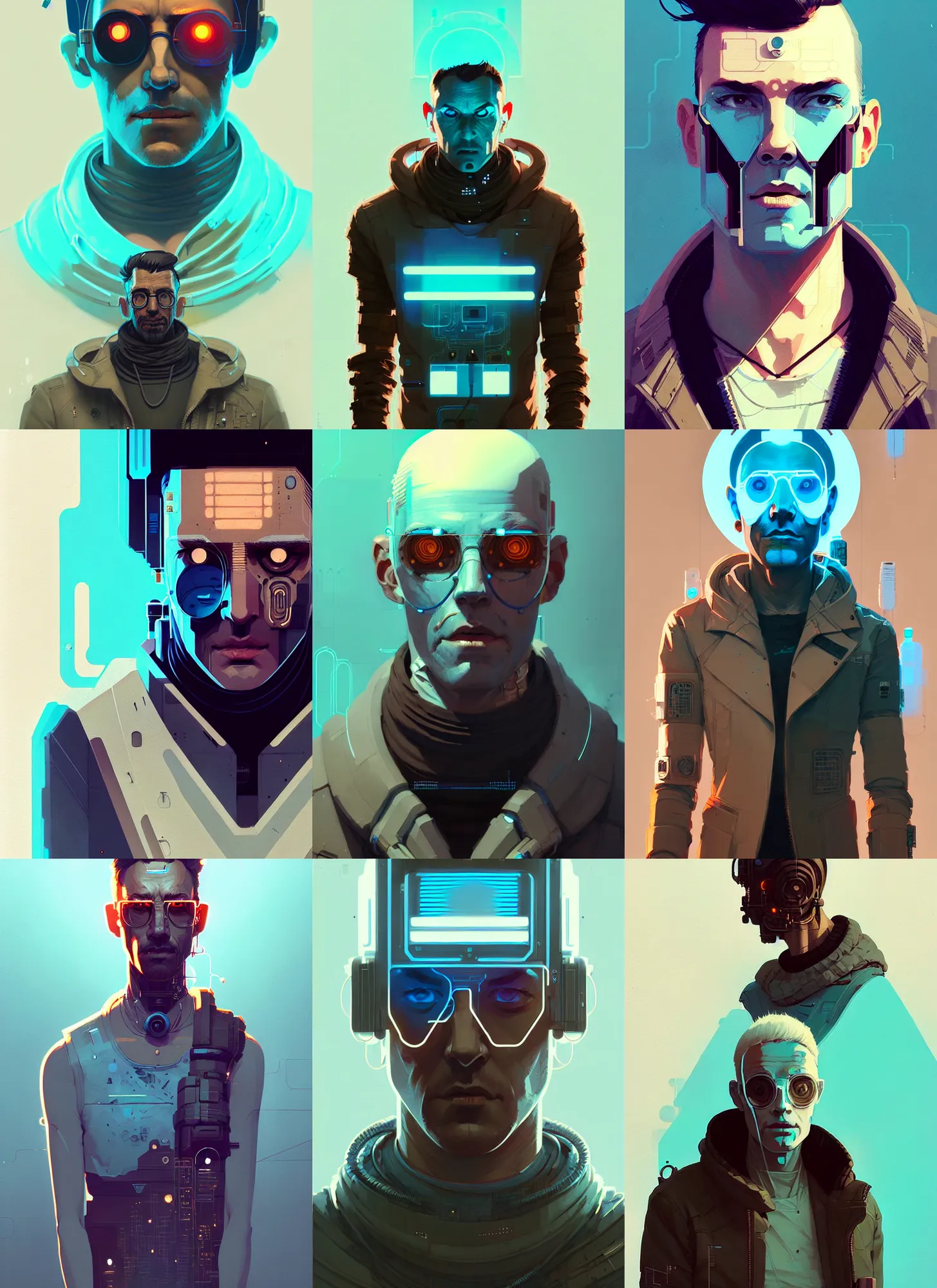 Prompt: highly detailed portrait man cyberpunk with implants, by atey ghailan, by greg rutkowski, by greg tocchini, by james gilleard, by joe fenton, by kaethe butcher, gradient light blue, brown, blonde cream and white color scheme, grunge aesthetic