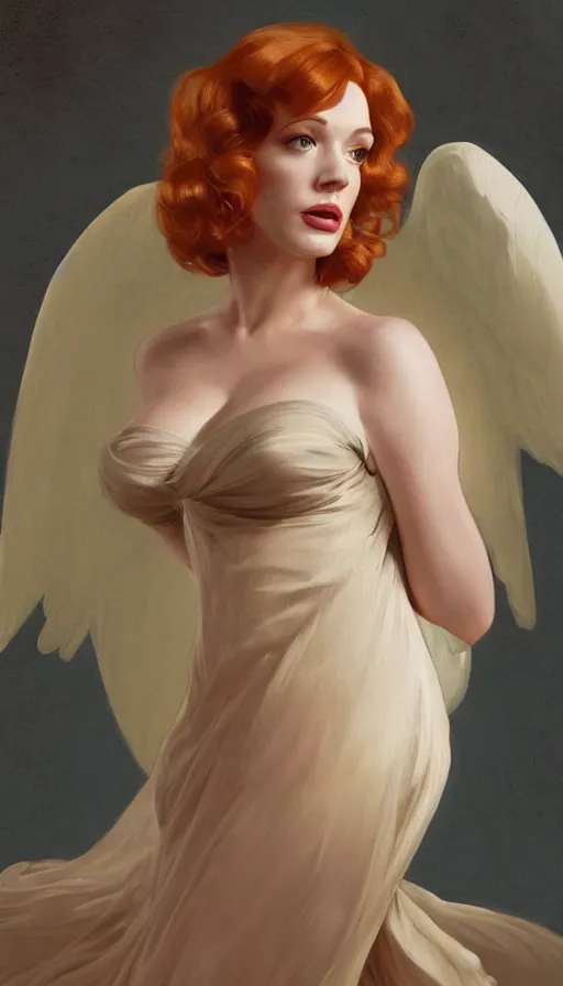 Image similar to Angel, perfectly-centered-painting of young Christina Hendricks in Mad Men looking at the camera, hands behind her back, sweaty, dynamic action pose, insane, intricate, highly detailed, digital painting, artstation, concept art, smooth, sharp focus, illustration, Unreal Engine 5, 8K, art by artgerm and greg rutkowski and alphonse mucha