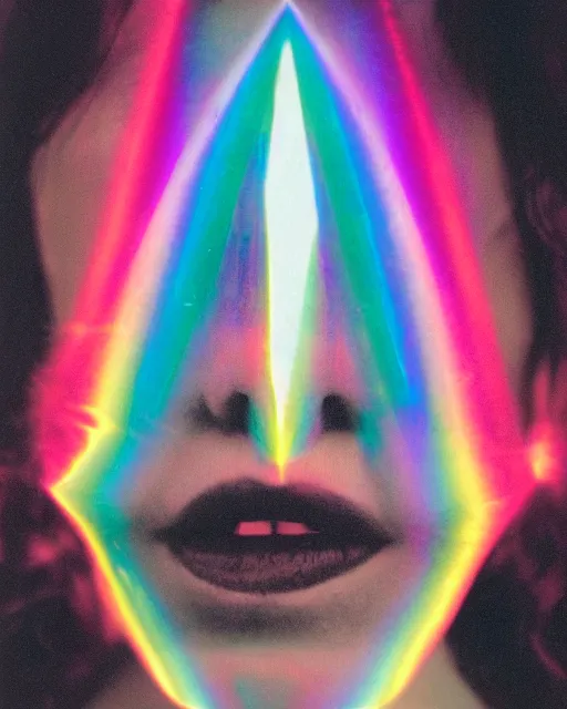 Image similar to solar lens flare, crystal refractions, muted rainbow light, sharp lines, thick black ink, 9 0 s film, woman's face