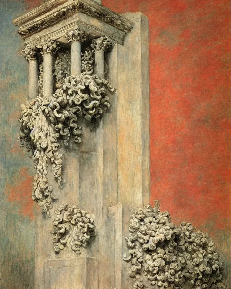 Image similar to achingly beautiful painting of intricate ancient roman corinthian capital on coral background by rene magritte, monet, and turner. giovanni battista piranesi.