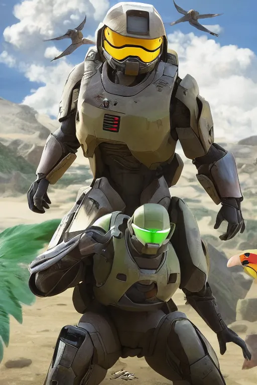 Image similar to pidgey pokemon playing as master chief, oil on canvas, intricate, 8 k highly professionally detailed, hdr, cgsociety