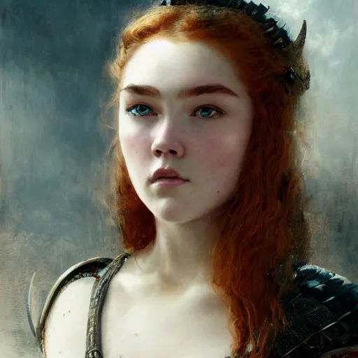 Image similar to young redheaded florence pugh, wearing dark black ornamented medieval armour, detailed, by gaston bussiere, bayard wu, greg rutkowski, giger, maxim verehin, greg rutkowski, masterpiece, sharp focus,