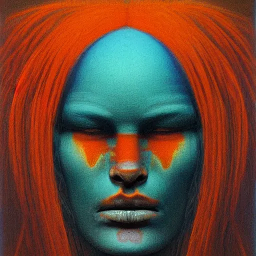 Prompt: symmetric portrait of indigenous warrior, turquoise and orange hair. realistic. high detail.by zdzisław beksiński