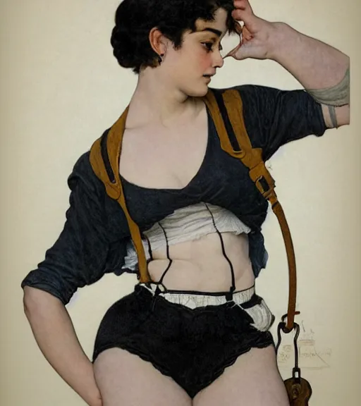 Prompt: lineart of a woman with black hair pixie cut in shorts with suspenders and white t-shirt drawn by anime, Alexandre Cabanel, norman rockwell, peter paul rubens, maler collier, frank frazetta, alphonse mucha, gustav klimt 4k, unreal 5, DAZ, french noveau, trending on artstation, octane render, hyperrealistic