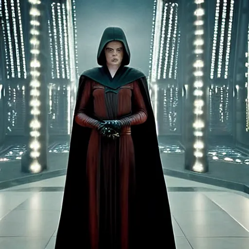 Prompt: movie still of daisy ridley as sith empress wearing a black satin robe and metal belt with make up as if she was crying, sweaty, detailed eyes, neutral expression, shallow depth of field, photorealistic, cinematic lighting, lovely bokeh, dark moody light, strong rim light, movie quality, star wars