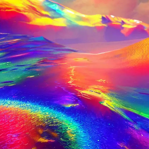 Image similar to god spills multicolored rainbow iridiscent water rivers from a sky, fantasic rain, render, octane render, 3 d, unreal engine, raytracing, 8 k