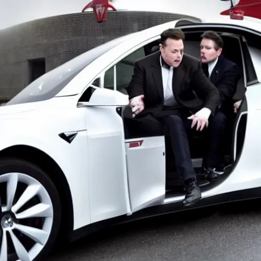 Prompt: elon musk getting shocked by his own Tesla car,