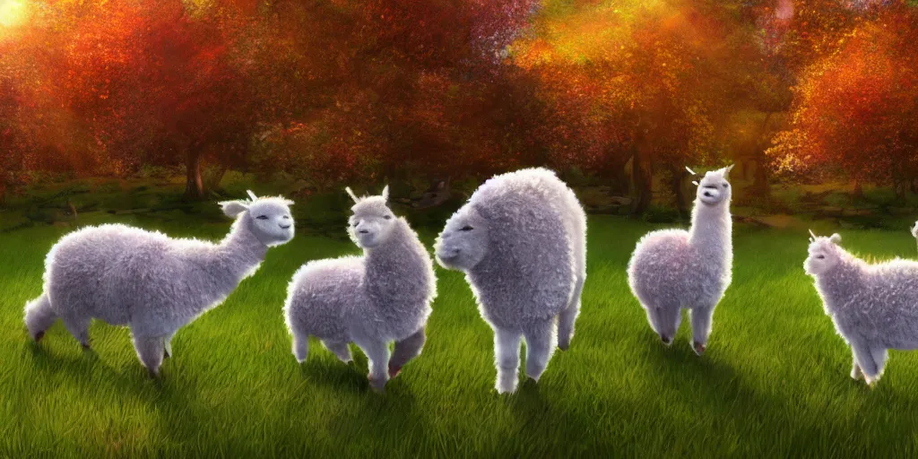 Image similar to magical fairy alpacas frolicking in a field, autumn, sparkles, light beams, photorealistic, hyperrealistic, fantasy, 8 k, trending on artstation