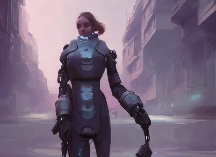 Image similar to girl wearing futuristic space armor walking on a street in prague, official art, by charlie bowater, by jeremy lipking, realistic expressive digital art, gorgeous attractive face, cgscociety