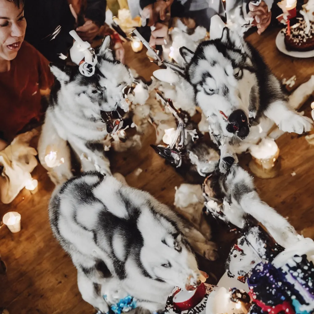 Prompt: a siberian husky blowing out candles on a birthday cake