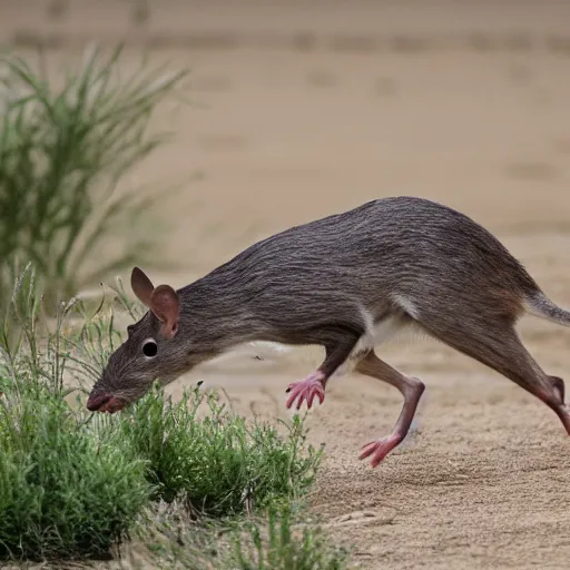 Prompt: a rat hunting a deer in a desert