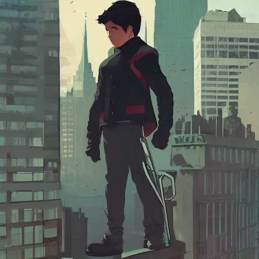 Image similar to damian wayne, Richard grayson, Jason Todd, tim Drake, city landscape, Gotham, artstation, highly detailed, by makoto shinkai and thomas kindle and James gilleard