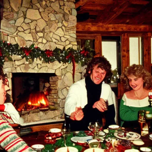 Image similar to Christmas 1985, drunk at christmas lunch, mountain chalet, fireplace, cozy